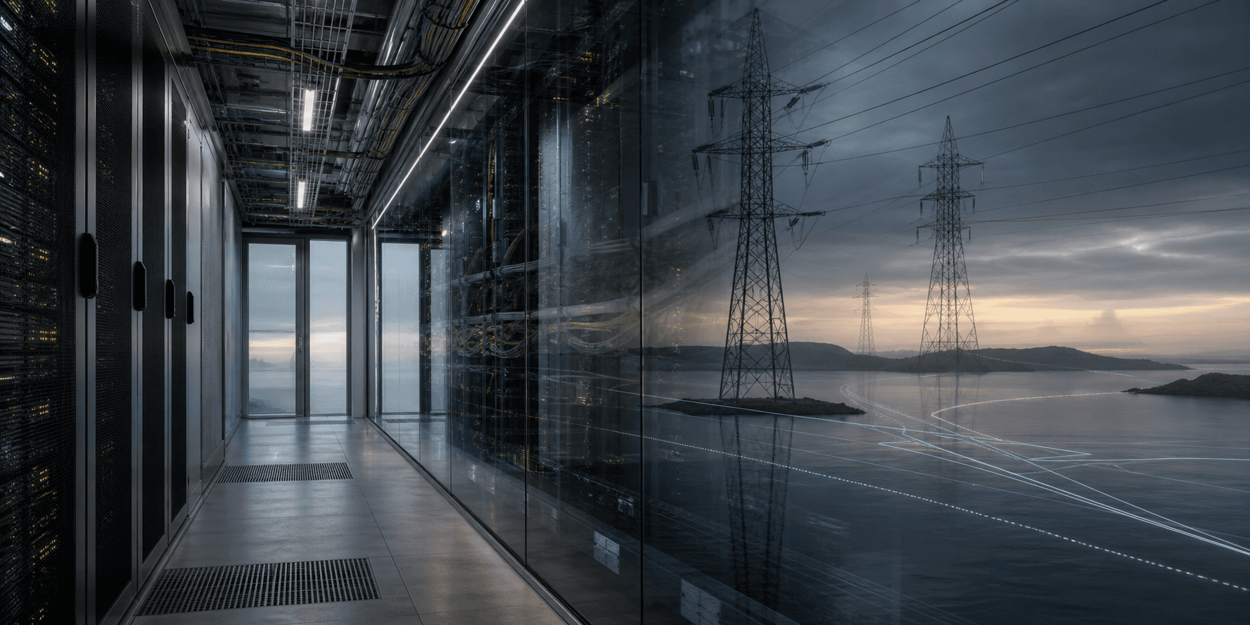 A data center corridor reflected against power lines and an overcast horizon.