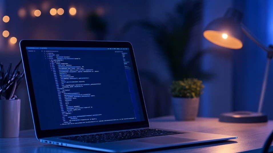 Laptop displaying code in a dimly lit workspace.